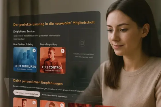 Frau sitzt an Laptop. Hologramm mit neuem Frequenzen Dashboard erscheint davor.