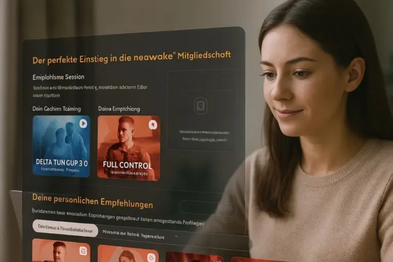 Frau sitzt an Laptop. Hologramm mit neuem Frequenzen Dashboard erscheint davor.