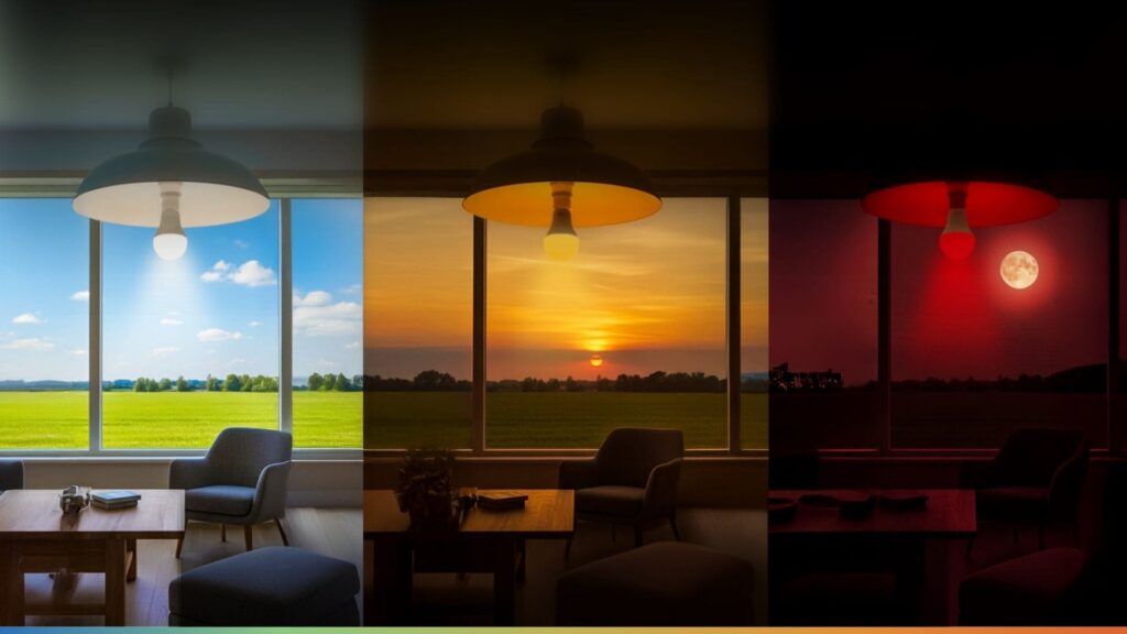 Innenraum mit drei Lichtstimmungen der neowake® Chroma Light: links helles Tageslicht für Konzentration, in der Mitte warmes Abendlicht für Entspannung und rechts rotes Nachtlicht ohne Blaulicht für gesunden Schlaf.