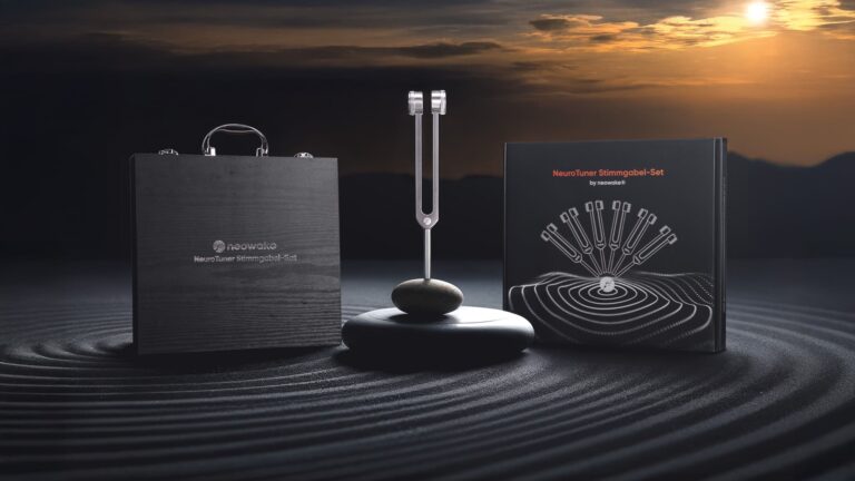 neowake® NeuroTuner Stimmgabel-Set auf einem Stein mit Koffer und Verpackung