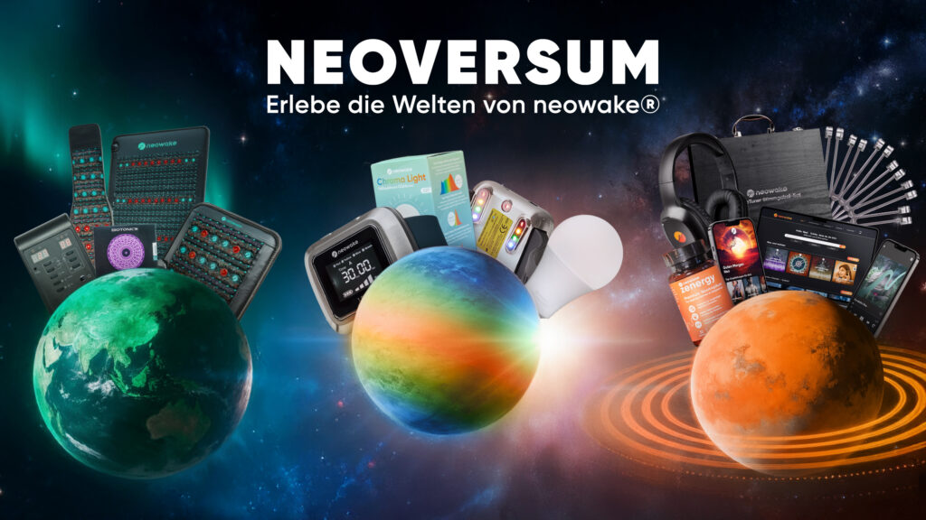 Visualisierung des neowake® NEOVERSUM während der Frequency Week – drei Planeten symbolisieren die Produktwelten von neowake®: Frequenzanwendungen neowake® Bio (links), Licht- & Bio-Produkte neowake® Light (Mitte), sowie Audio- und Mind-Technologien neowake® Sound (rechts). Im Zentrum stehen Innovation, Verbindung und ganzheitliche Anwendung.