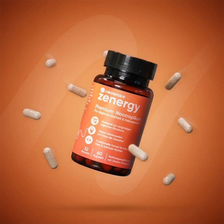 Produktbild von neowake® zenergy – Premium Nootropikum in einer dunkelroten Dose mit schwebenden Kapseln vor orangefarbenem Hintergrund. Für tägliche Klarheit, Fokus und mentale Gelassenheit.