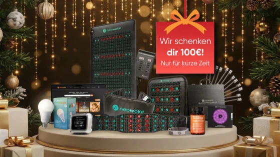 Wellness Geschenke bei neowake® – 100 € Rabatt auf ausgewählte Produkte wie Frequenzmatten, Chroma Light, NeuroTuner-Set, zenergy und mehr. Geschenkideen für ganzheitliches Wohlbefinden und mentale Entspannung.