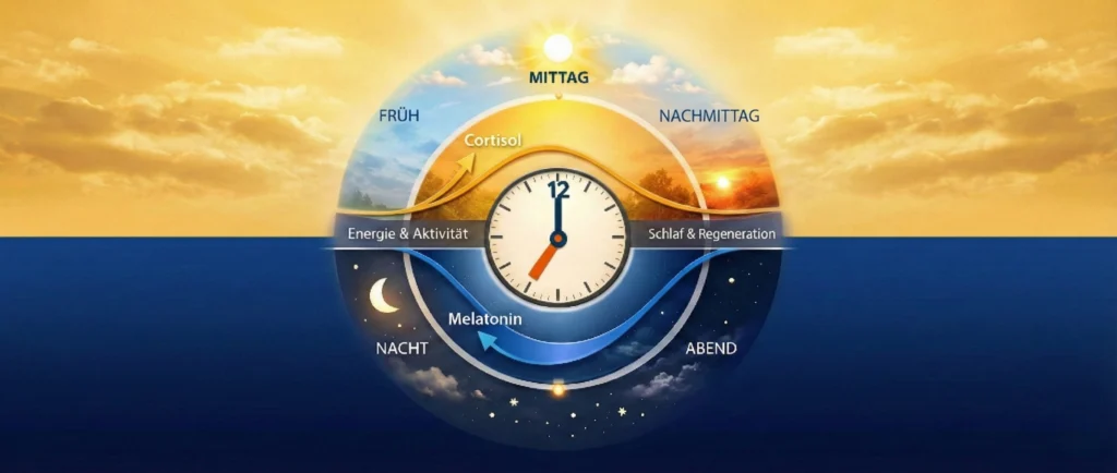 Grafische Darstellung des zirkadianen Rhythmus mit Cortisol- und Melatoninverlauf über 24 Stunden.