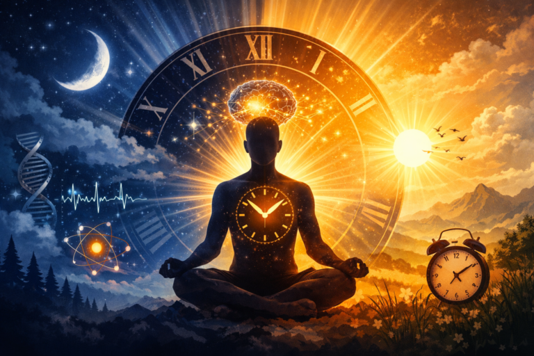 Visualisierung des circadianen Rhythmus mit Licht- und Dunkelphasen als biologischer 24-Stunden-Zyklus des Menschen.