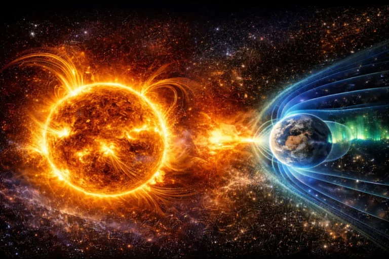 Die Sonne sendet energetische Plasmawellen zur Erde, deren Magnetfeld als farbige Schutzbarriere sichtbar wird – ein kosmisches Schauspiel aus Licht, Energie und Bewegung im Universum.