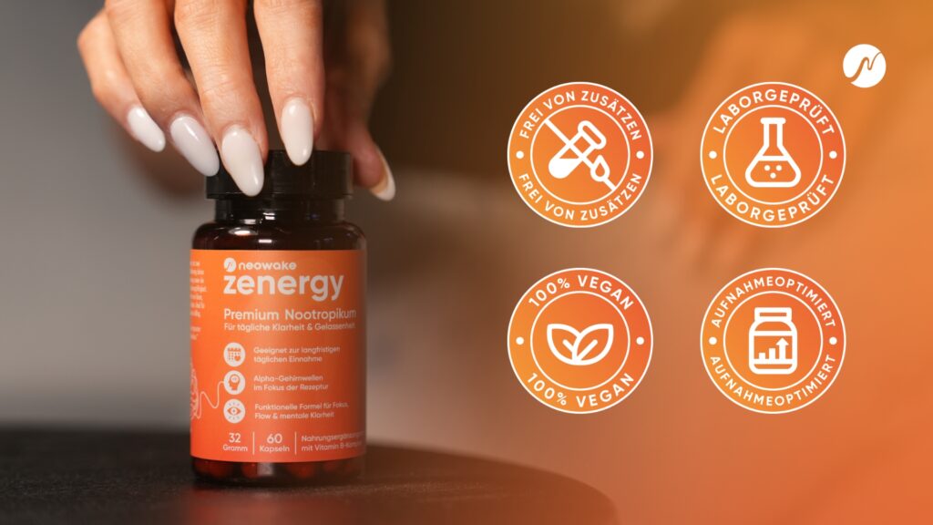 neowake® zenergy Nootropika mit Qualitätssiegeln – laborgeprüft, vegan, frei von Zusätzen und aufnahmeoptimiert