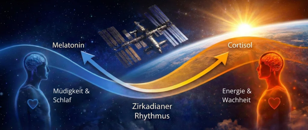 Internationale Raumstation ISS im Erdorbit über der Tag-Nacht-Grenze der Erde, Sonnenaufgang im Weltraum.