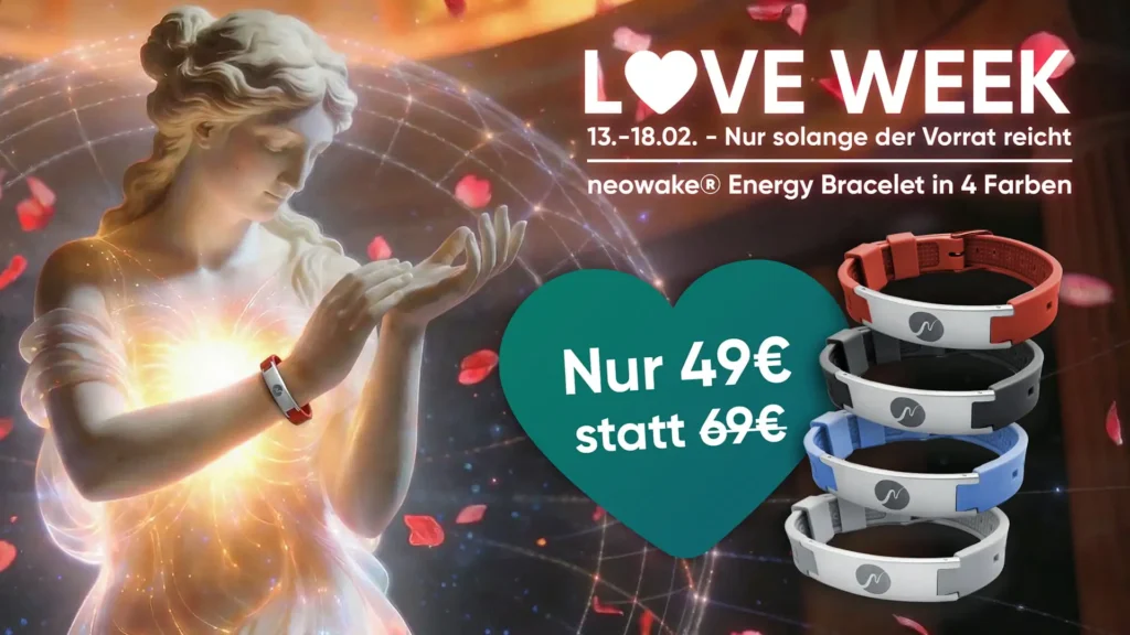 Eine leuchtende Statue mit energetischem Herzfeld trägt das neowake® Energy Bracelet am Handgelenk, umgeben von schwebenden Rosenblättern. Daneben ein Herzsymbol mit dem Sonderpreis 49 € statt 69 €, sowie vier farbige Varianten des Armbands (rot, schwarz, blau, grau). Hinweis auf LOVE WEEK Aktionszeitraum vom 13. bis 18. Februar.