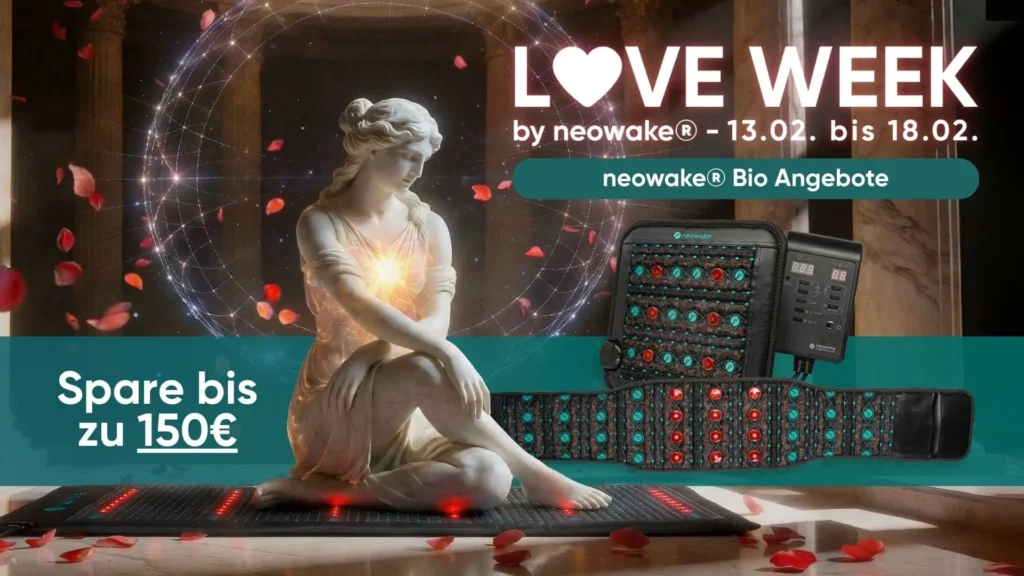 Energetisch leuchtende Statue in sitzender Haltung, umgeben von Rosenblättern und Lichtfeldern, präsentiert die neowake® Infrarotmatte mit intensiver Wärme- und Biostimulationstechnologie. LOVE WEEK Rabattaktion bis zu 150 € vom 13. bis 18. Februar.