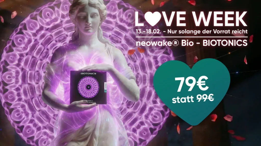 Venus-Statue mit violettem Energiefeld hält neowake® Biotonics-Box – Aktionspreis 79 € zur Love Week 2026 vom 13.–18. Februar