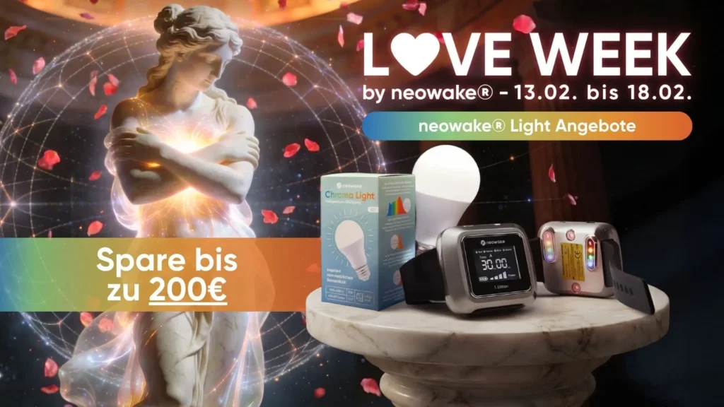 Marmorne Statue mit leuchtendem Herz vor einem energetischen Lichtfeld, flankiert von neowake® Produkten wie ChromaLight (Vollspektrumlampe) und Chroma Watch mit Lichtanwendung am Handgelenk. Dazu LOVE WEEK Hinweis vom 13. bis 18. Februar mit Rabattaktion bis zu 200 €.