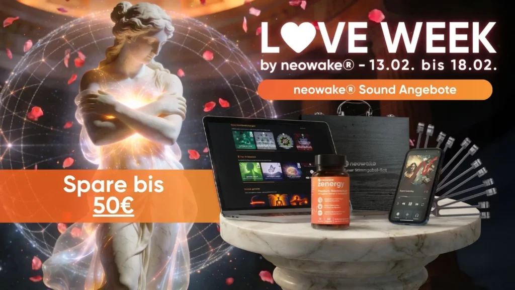 Marmorne Statue mit leuchtendem Herz, umgeben von Rosenblättern und energetischem Lichtfeld, daneben neowake® Produkte wie Zenergy, Stimmgabel-Set, App-Interface auf Tablet und Smartphone – mit Hinweis auf LOVE WEEK Aktionszeitraum vom 13.02. bis 18.02. und bis zu 50 € Rabatt.