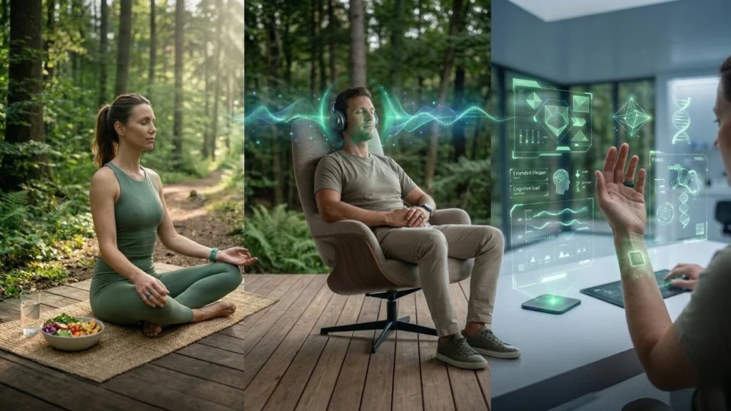 Eine dreigeteilte Grafik, die die Biohacking-Gruppen zeigt: Links eine Frau beim Meditieren im Wald (natürlich), mittig ein Mann mit Kopfhörern und Frequenzwellen (technologisch) und rechts eine Person mit digitalen Chip-Implantaten und HUD-Interface (transhumanistisch).