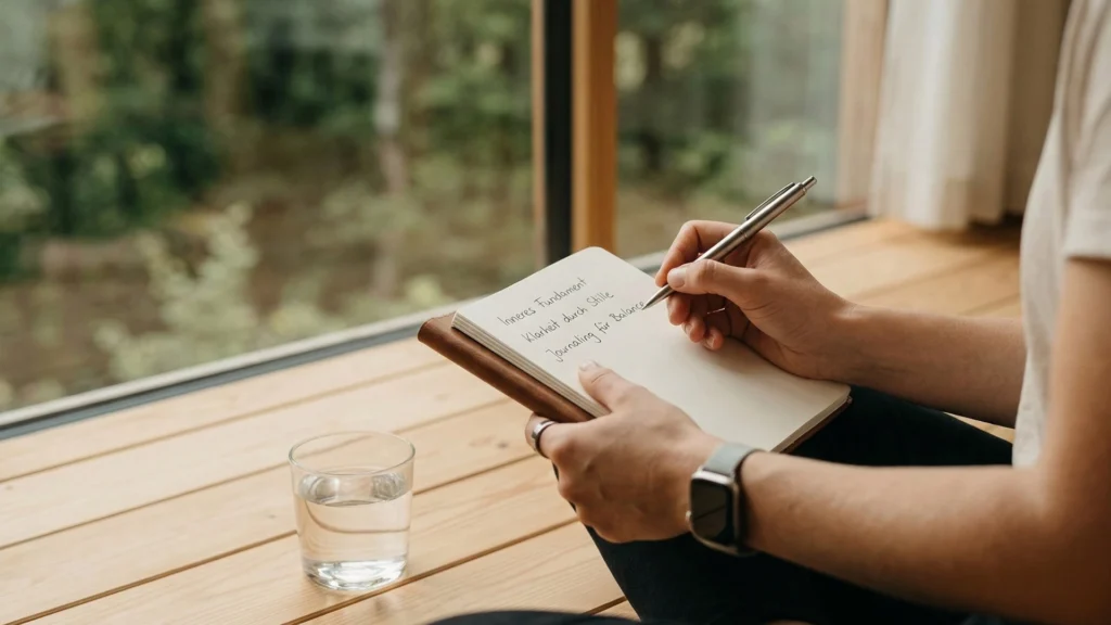 Ein minimalistisches, detailliertes Close-up-Foto von Frauenhänden, die ein hochwertiges Leder-gebundenes Journal und einen Pen halten, und auf einer Seite schreiben. Die Seite enthält einfache handschriftliche deutsche Texte wie "Inneres Fundament", "Klarheit durch Stille", or "Journaling für Balance". Eine Smartwatch ist sichtbar. Ein Glas Wasser ist daneben.