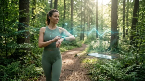 Eine Frau in Sportkleidung steht in einem lichtdurchfluteten Wald und blickt auf ihre Smartwatch, während sie von dezenten, grün leuchtenden Energiewellen umgeben ist – ein Symbol für modernes Biohacking und die Verbindung von Mensch und Natur.