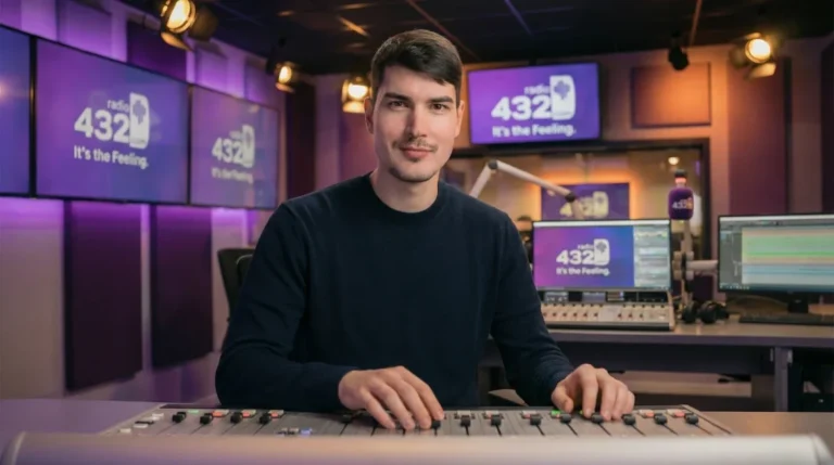 Marvin Alberg sitzt lächelnd an einem professionellen Mischpult im modern beleuchteten Studio von „radio 432“.