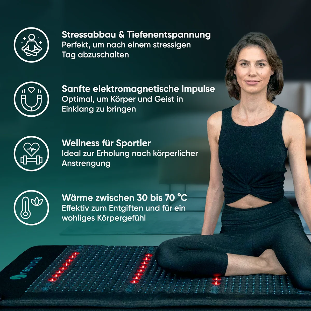 Die neowake® Frequenzmatte im Einsatz - Hochwertiges Lifestyle-Setting für maximale Entspannung und Luxus.