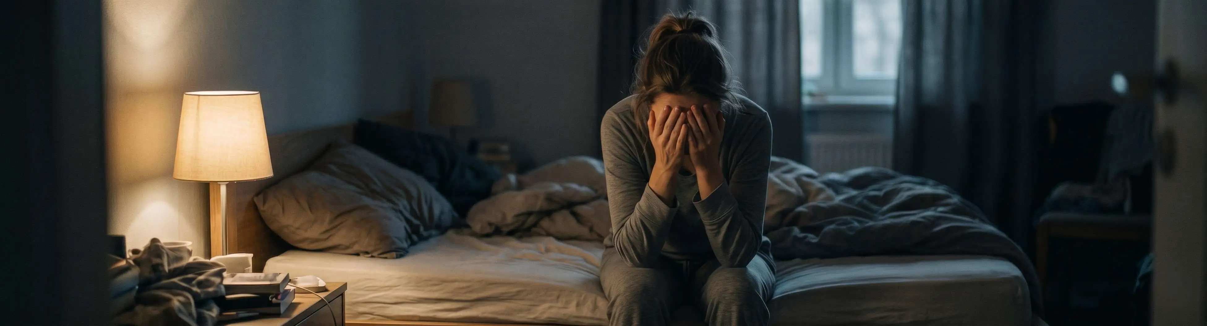 Symbolbild: Person sitzt im Halbdunkeln auf der Bettkante, vergräbt das Gesicht in den Händen. Ausdruck von tiefer Erschöpfung trotz Ruhephase.