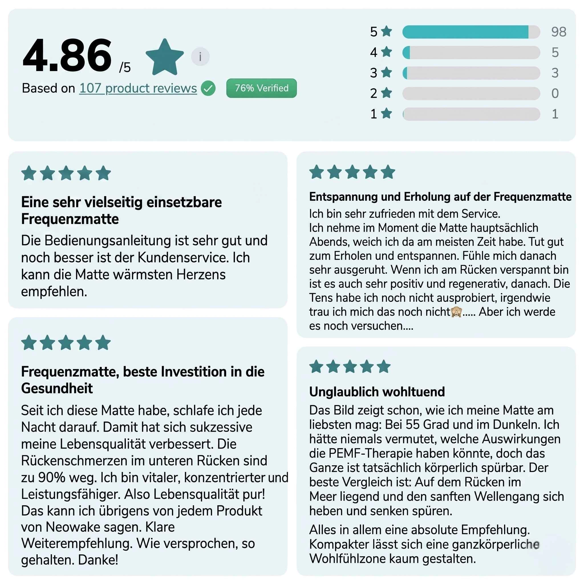 Weitere neowake Erfahrungsberichte - Visuelle Darstellung von Kundenstimmen und Vertrauensbeweis.