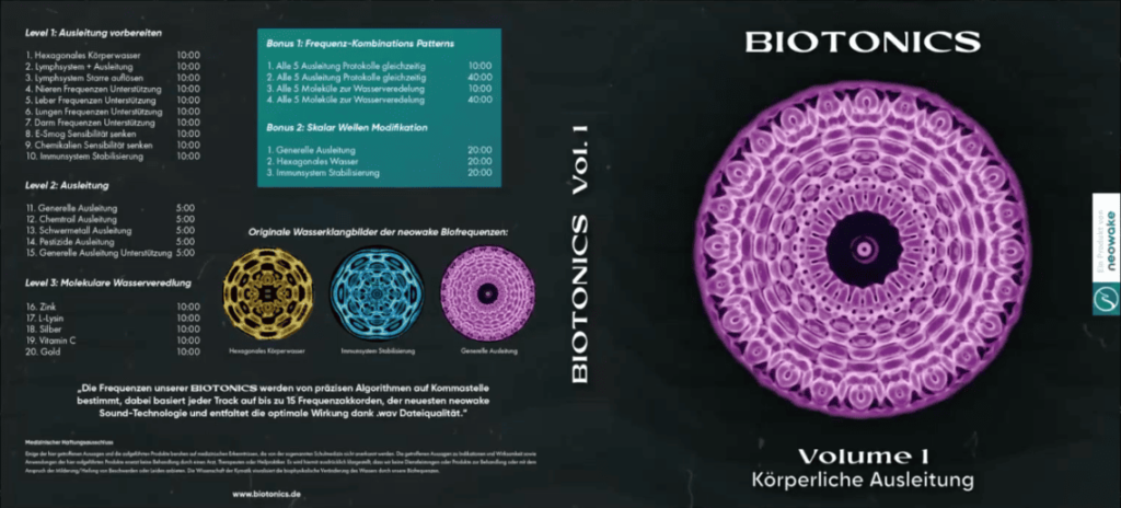 Cover und Rückseite von BIOTONICS Vol. 1 mit großem violettem Kymatik-Muster, Programmliste zur körperlichen Ausleitung und drei runden Wasserklangbildern im dunklen Design.