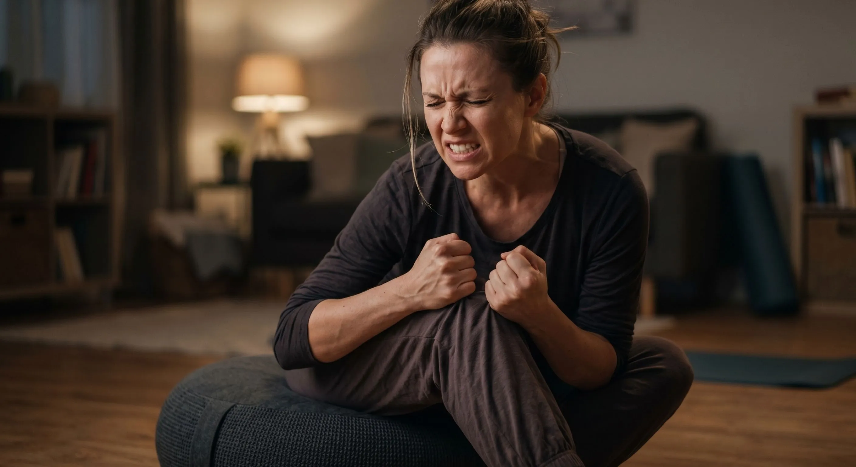 Symbolbild: Meditation scheitert - Person auf Meditationskissen, wirkt extrem angespannt, Augen zusammengekniffen statt entspannt.