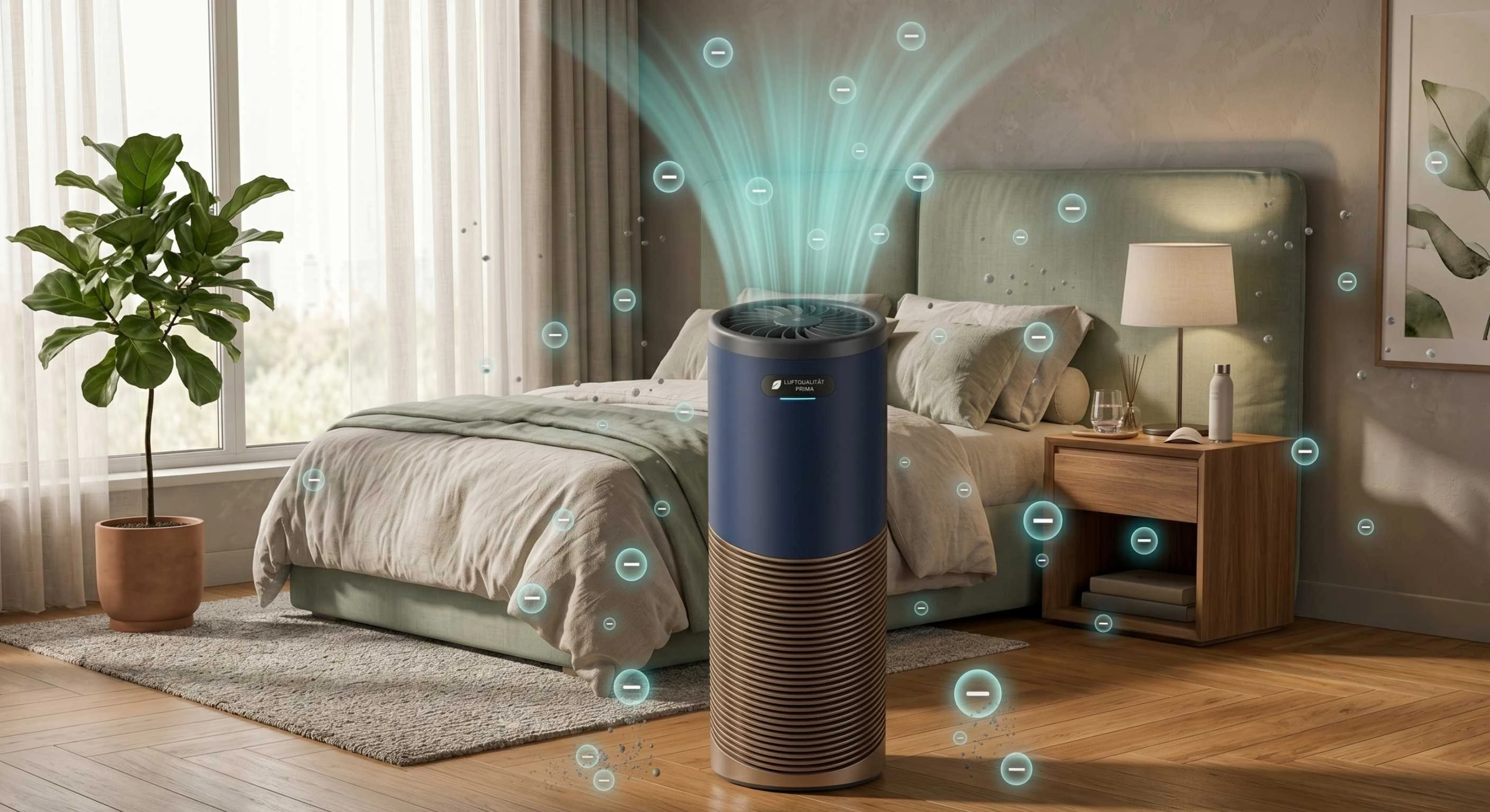 Symbolbild: Negative Ionen - Natur-Analogie (Wasserfall/Wald) gepaart mit Ionen-Partikel-Symbolik.