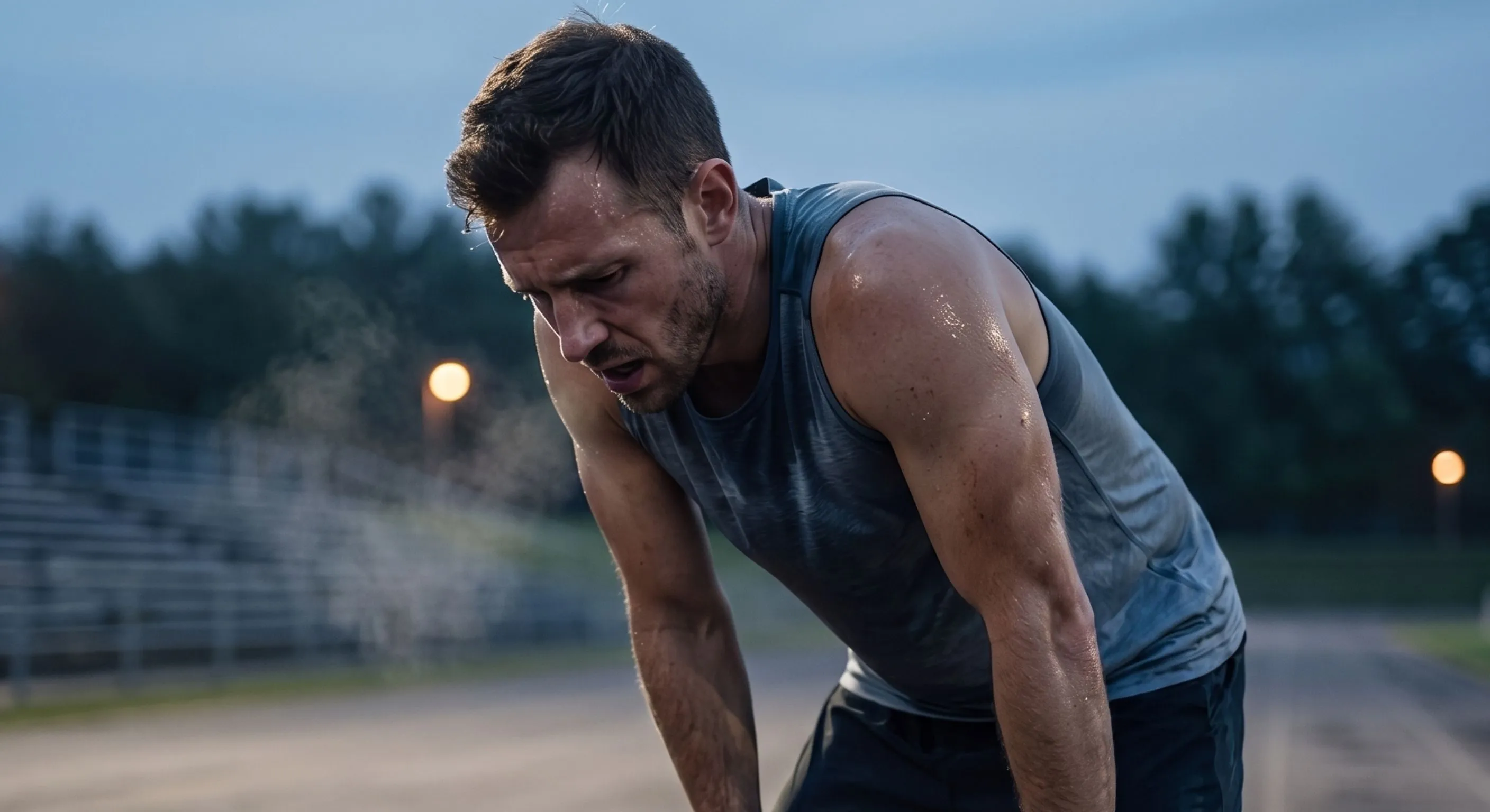 Symbolbild: Sportliche Überlastung - Fitnessstudio/Laufstrecke: Person hält inne, atmet schwer, wirkt ausgelaugt statt energetisiert.