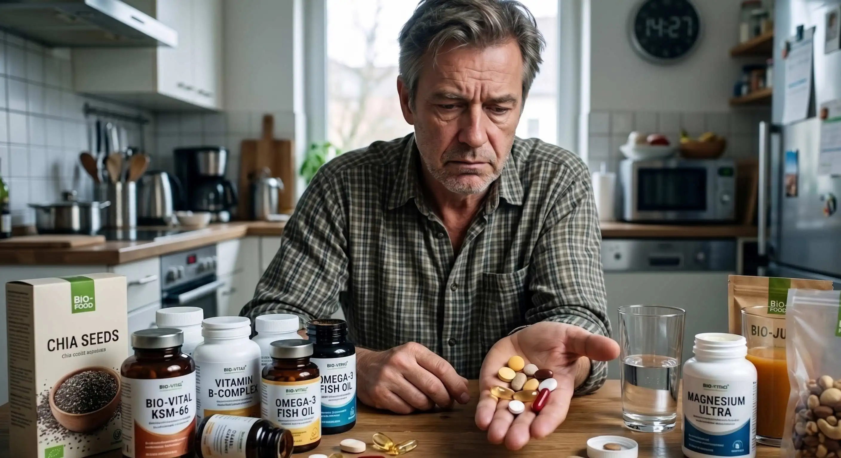 Symbolbild: Wirkungslose Supplements - Küchentisch voller teurer Nahrungsergänzungsmittel und Bio-Food, im Kontrast zu einer müden, antriebslosen Person.