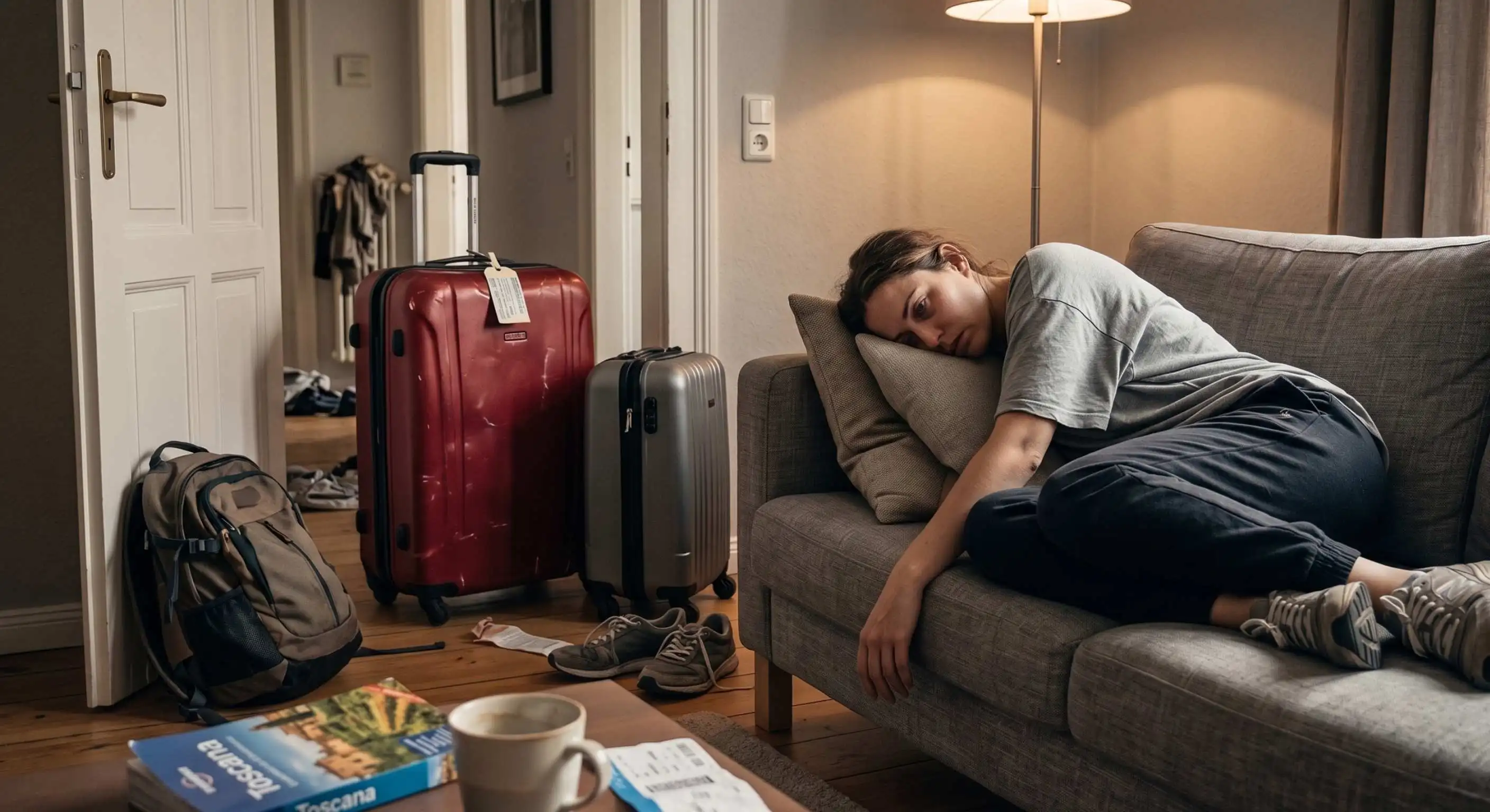 Symbolbild: Urlaub bringt nichts - Koffer im Flur, Person kommt aus dem Urlaub zurück und lässt sich sofort erschöpft aufs Sofa fallen.
