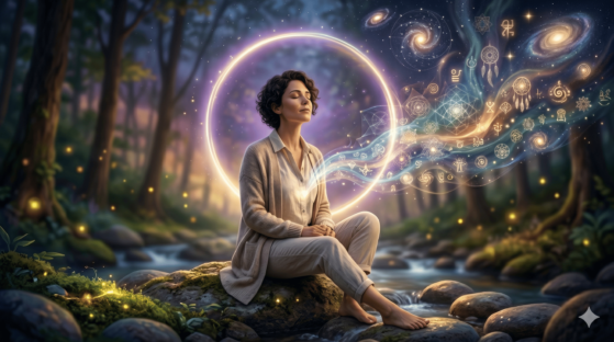 Eine fotorealistische Darstellung einer Frau mit kurzen Locken, die mit geschlossenen Augen meditativ und barfuß auf einem Felsen in einem verzauberten, nächtlichen Wald sitzt. Sie trägt eine helle Bluse und einen beigen Cardigan. Ein leuchtender Neon-Ring umgibt ihren Kopf. Aus ihrer Brust steigt eine schimmernde, blau-goldene Energie- und Symbolwolke auf, die sich in den Sternenhimmel ausdehnt und spirituelle Zeichen, Traumfänger und Spiralgalaxien enthält. Der Waldboden ist mit Moos, leuchtenden Steinen und Glühwürmchen bedeckt, ein Bach fließt im Hintergrund.