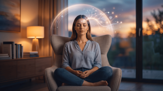 Eine Frau sitzt entspannt im Meditationssitz in einem Sessel und lernt Selbsthypnose. Um ihren Kopf leuchtet eine sanfte, futuristische Aura, die Gehirnwellen und neuronale Verbindungen symbolisiert.
