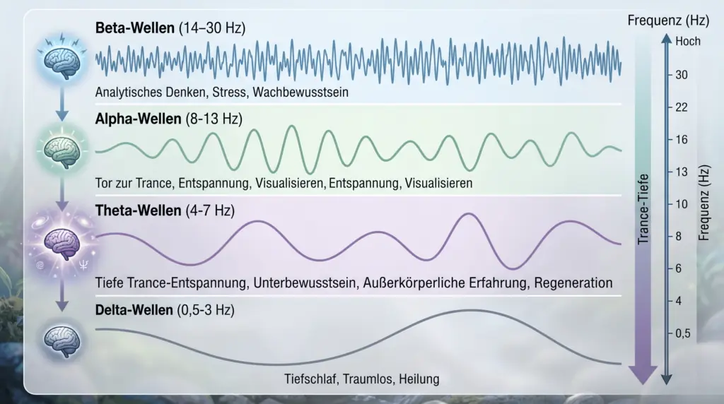 Eine Gehirnwellen-Infografik, die die vier Hauptfrequenzen und ihren Zusammenhang mit der Trance-Tiefe zeigt. Von oben nach unten sinkt die Frequenz: 'Beta-Wellen (14-30 Hz)' (Stress, Analytisches Denken) sind sehr hektisch. 'Alpha-Wellen (8-13 Hz)' (Entspannung, Tor zur Trance) sind ruhiger. 'Theta-Wellen (4-7 Hz)' (Tiefe Trance-Entspannung, Unterbewusstsein, Außerkörperliche Erfahrung) zeigen weite, langsame Wellen. 'Delta-Wellen (0,5-3 Hz)' (Tiefschlaf, Traumlos) sind sehr langsame Bewegungen. Ein Pfeil markiert die zunehmende 'Trance-Tiefe'.